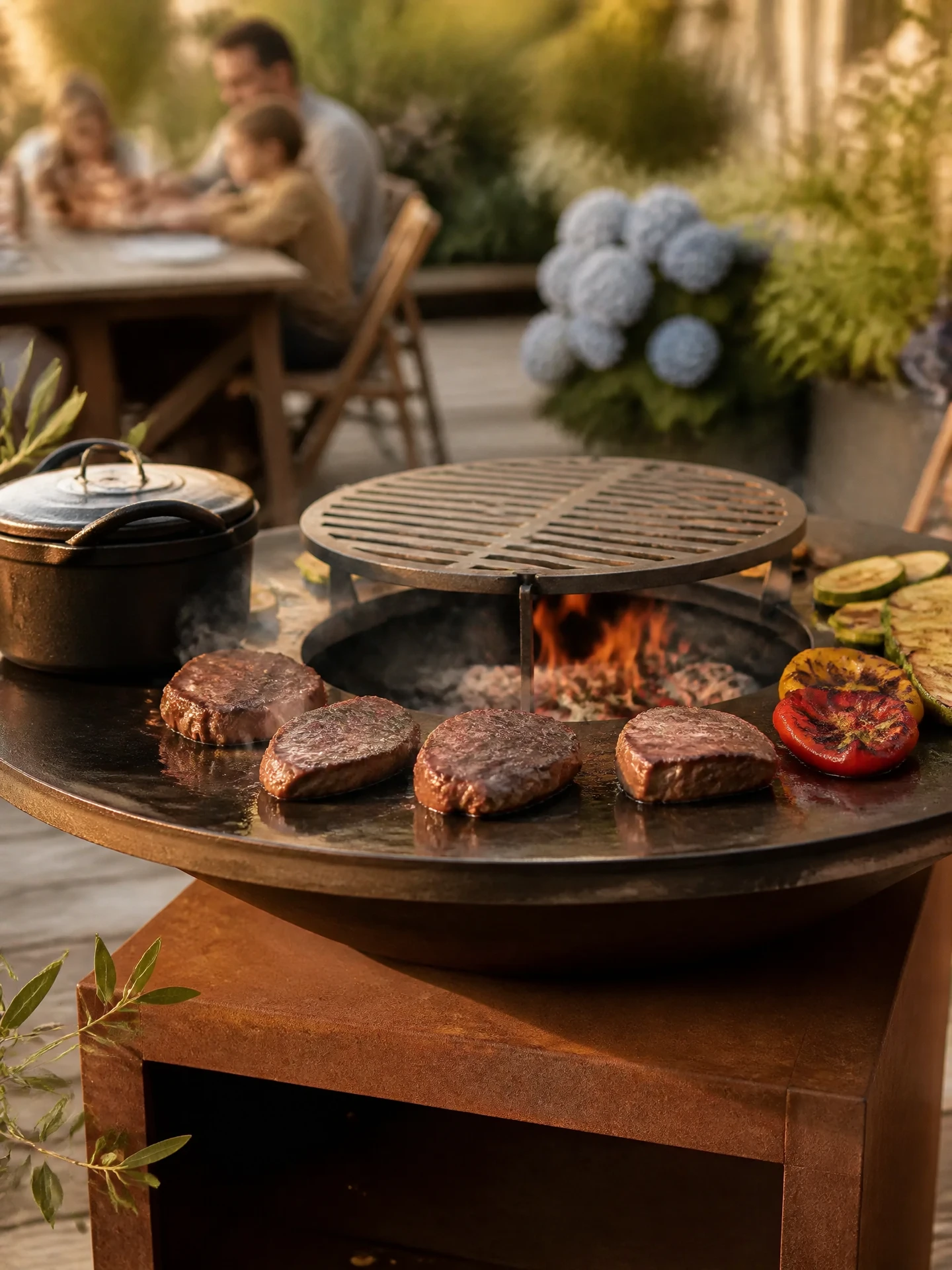 Brasero plancha 80 cm en acier corten sur terrasse familiale avec viandes et légumes en cuisson